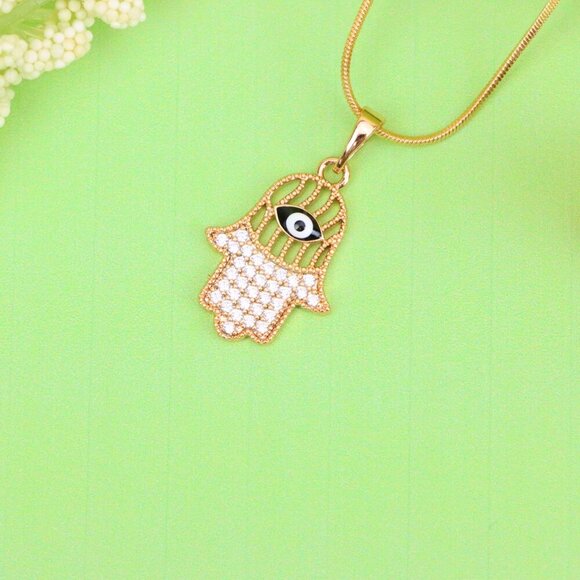 "Hamsa Hand Rose Gold Pendant with Evil Eye, XPPT1578 - Picture 2 of 13